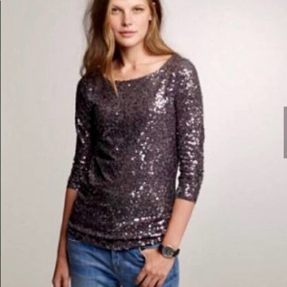 J.Crew Tops - J.Crew Black Sequin‎ Boat Neck 3/4 Sleeve Top shirt Blouse AE984 Size Small NWT
